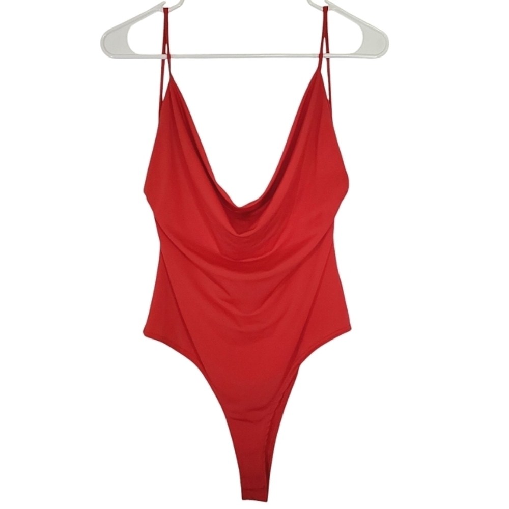 2167 * Wearever Drape Neck Backless Bodysuit Red Size L Vintage 90s Y2K